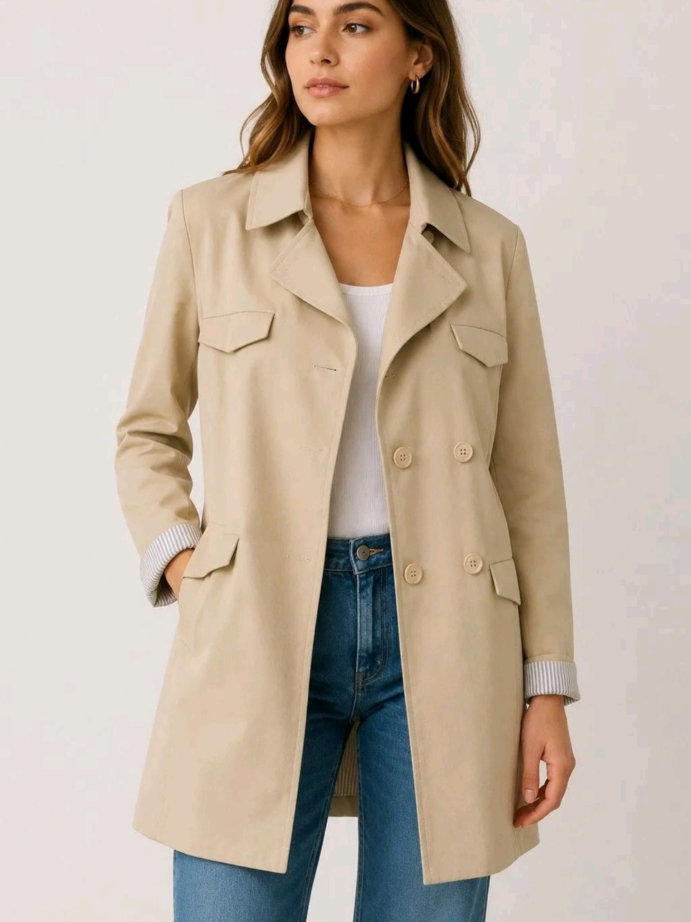 Armani Exchange A|X Beige Double-Breasted Trench Coat Jacket